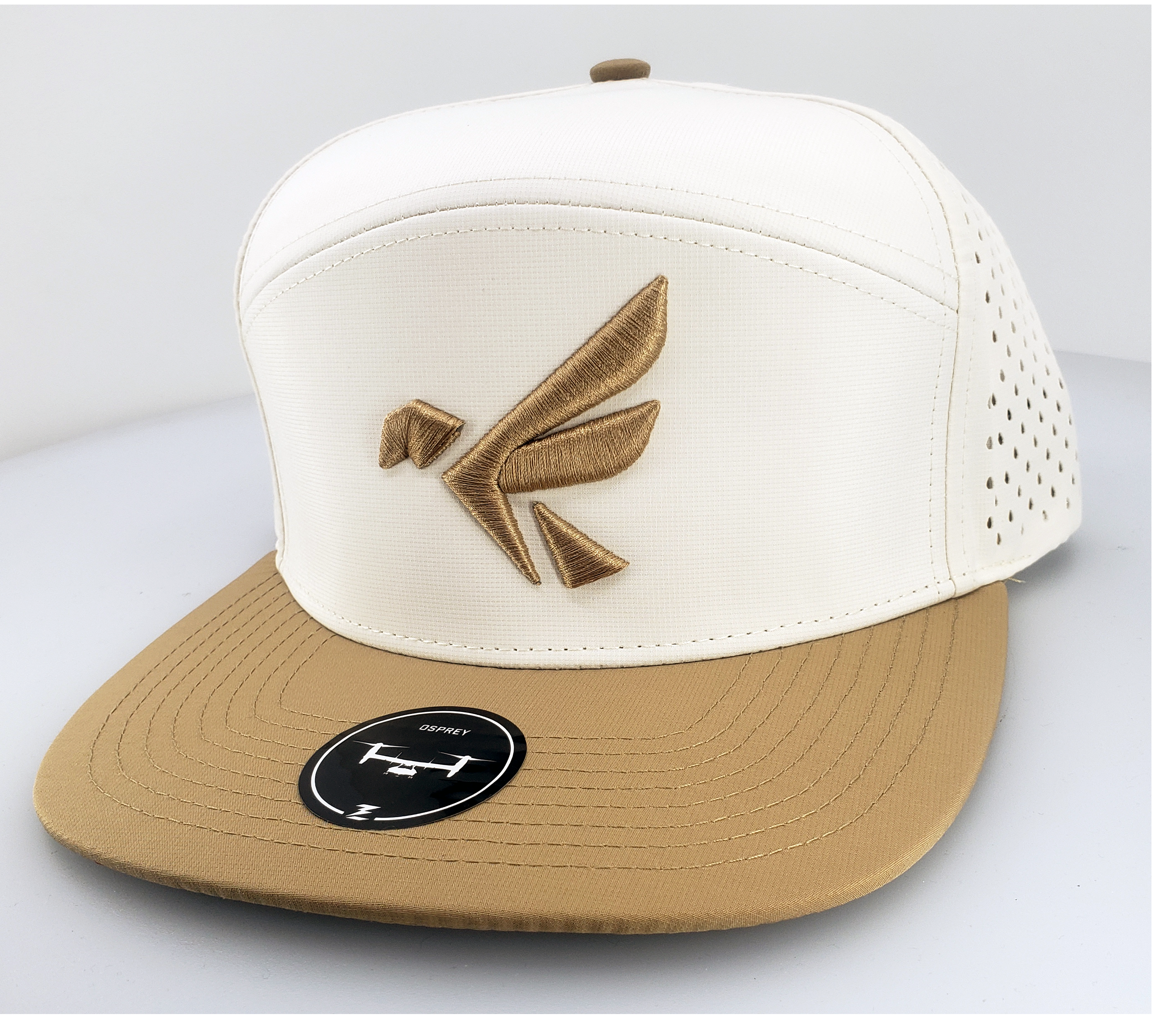 custom hat with embroidery osprey model in tan and white