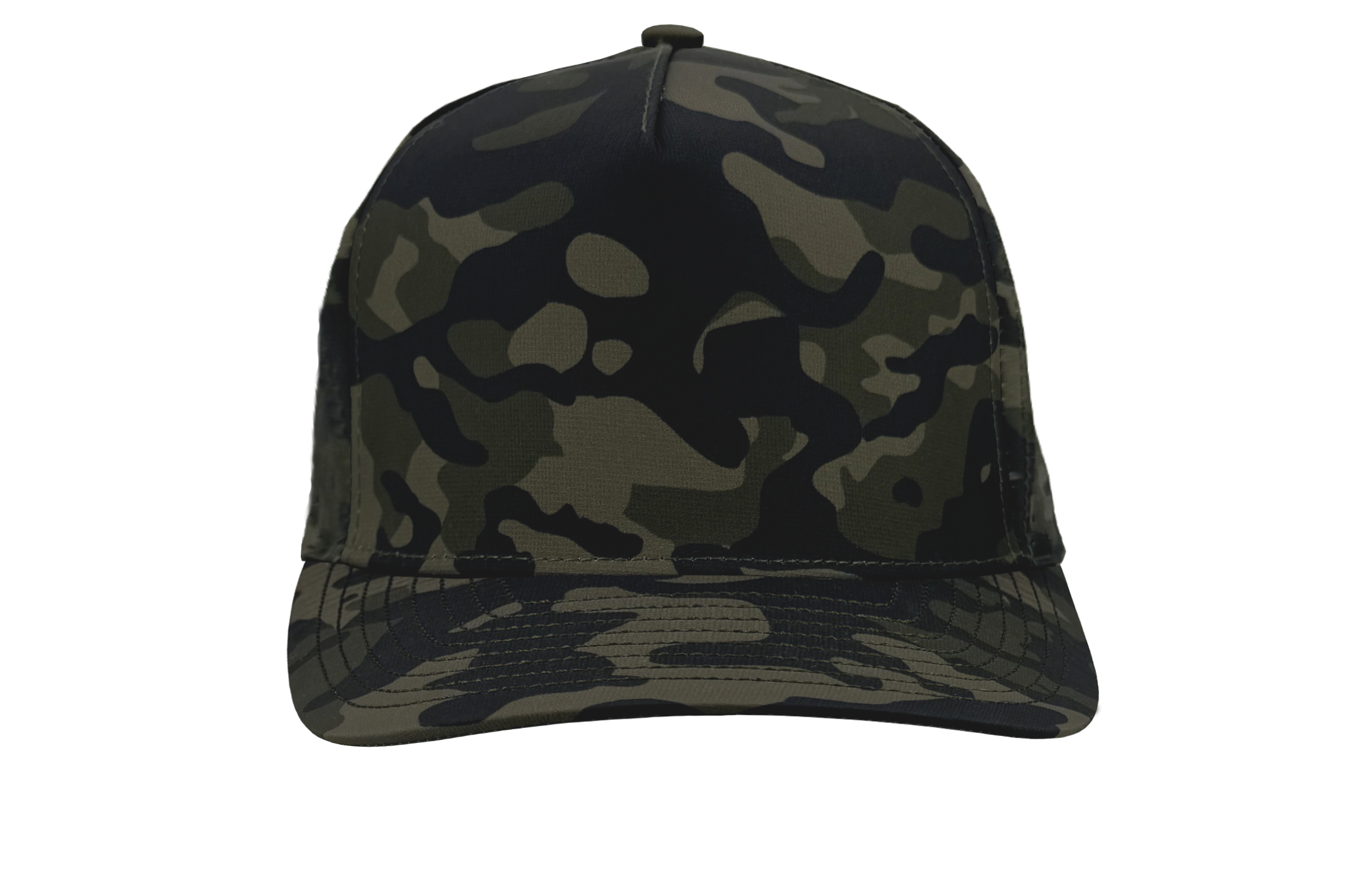 custom olive_camo 5 panel hat front view